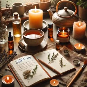 DALL·E 2025-03-06 12.33.50 - A peaceful holistic wellness setup featuring a cup of herbal tea, a lit candle, essential oils, and a journal open to a self-care reflection prompt. T